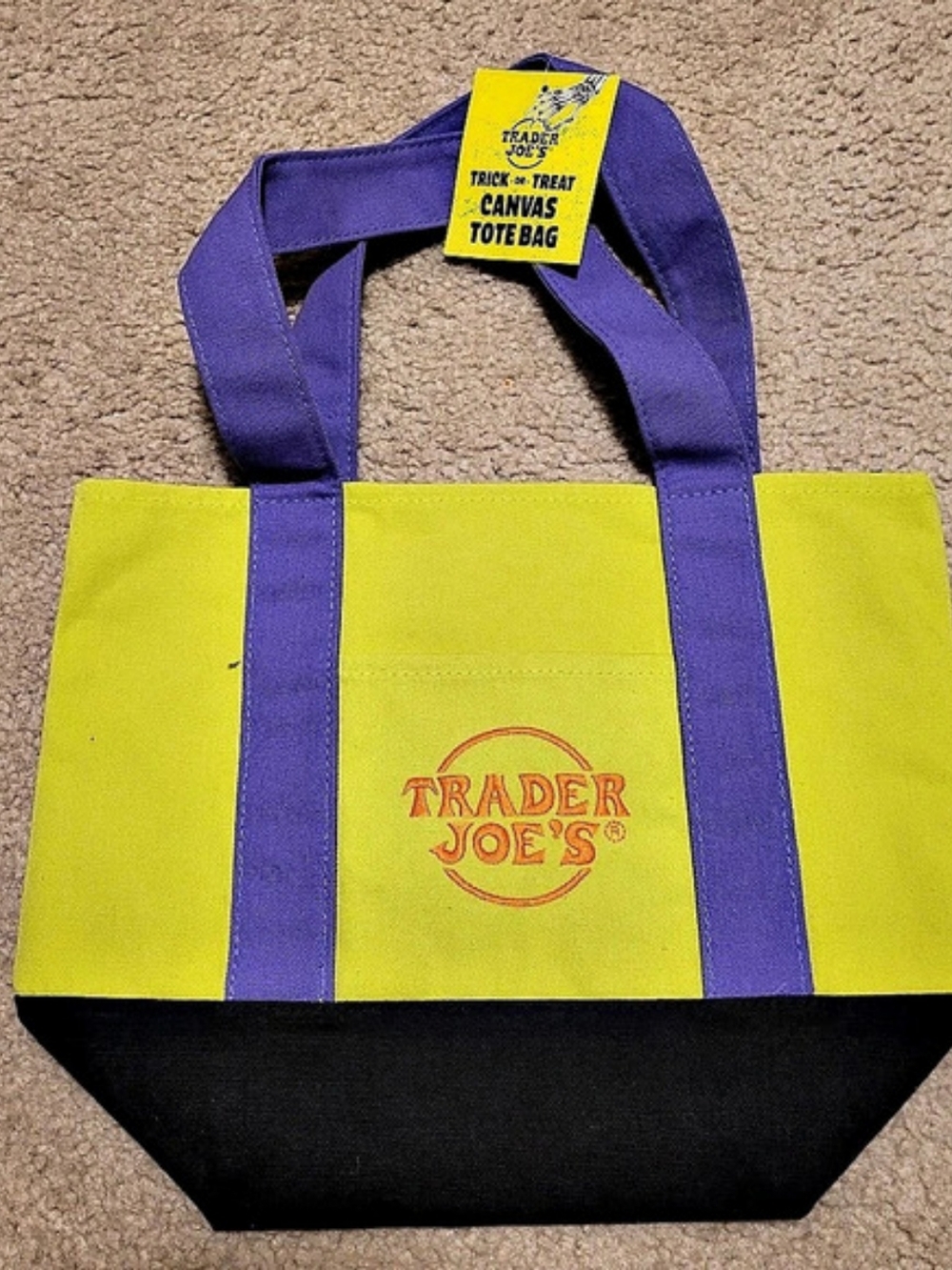 Trader Joe's Trick-or-Treat Mini Canvas Tote Bag Yellow & Purple